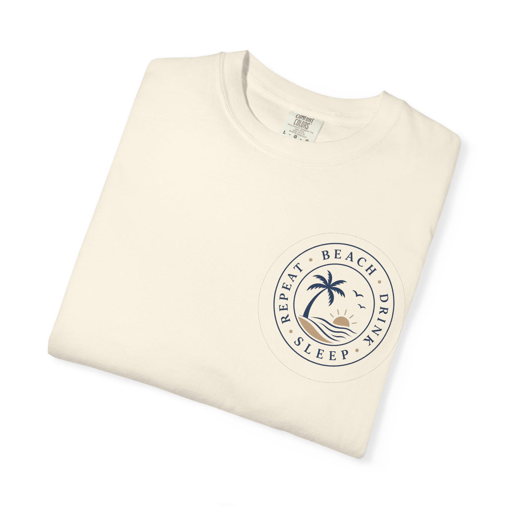 "Beach, Eat, Drink, Sleep, Repeat"— Vintage Coastal Graphic Tee