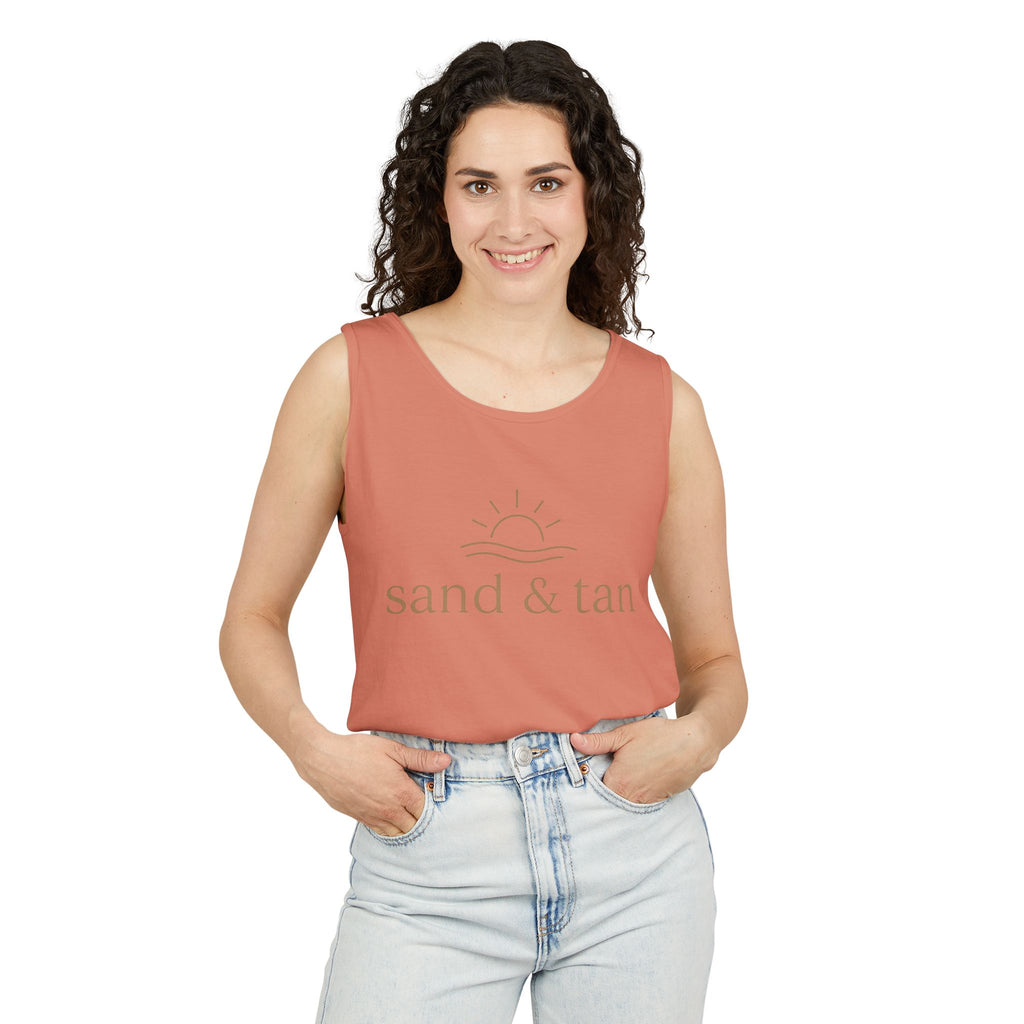 Sand & Tan Beach Tank Top — Minimal Sunrise Graphic