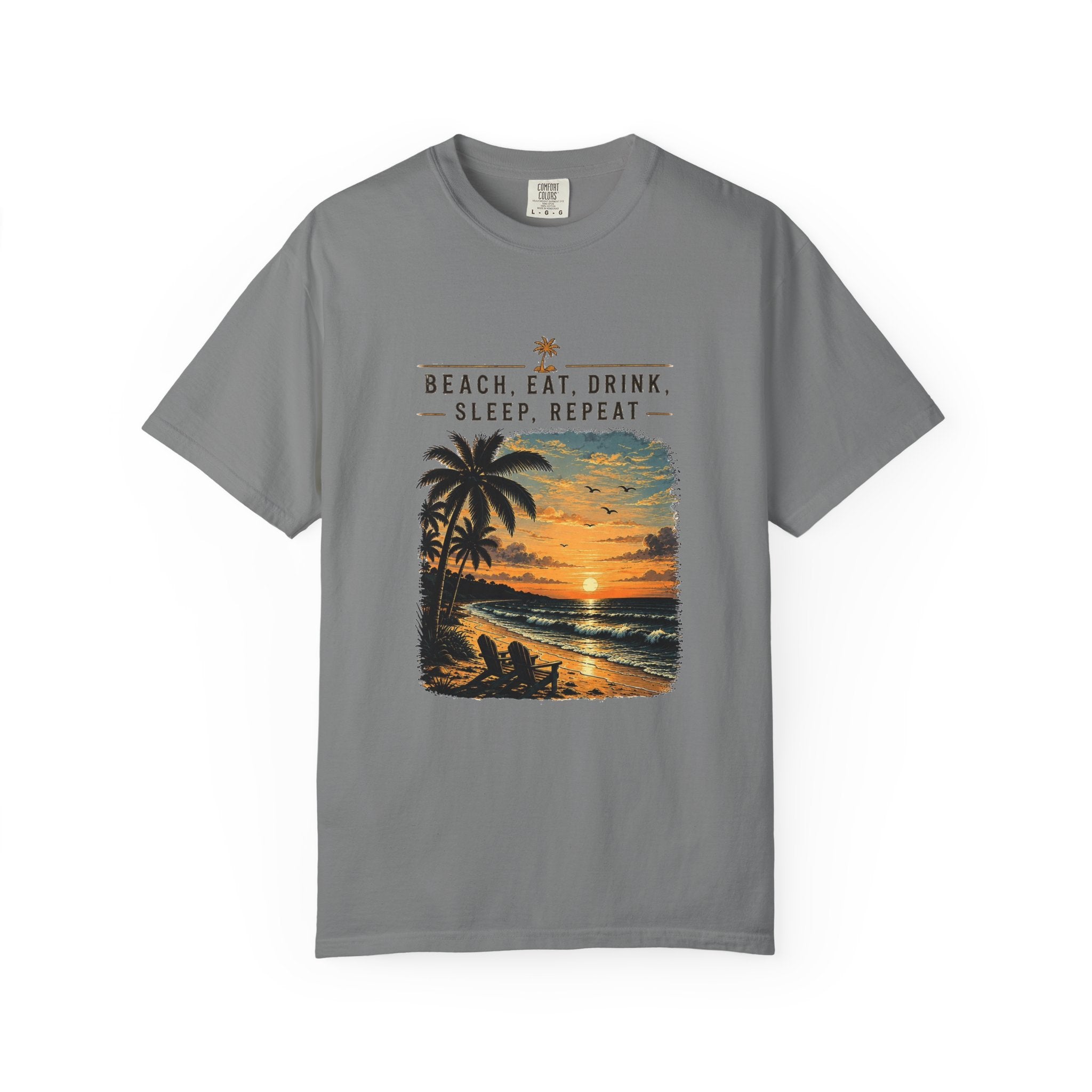 Beach Sunset T-Shirt — "Beach. Eat. Drink. Sleep. Repeat." Vintage Palm Tee