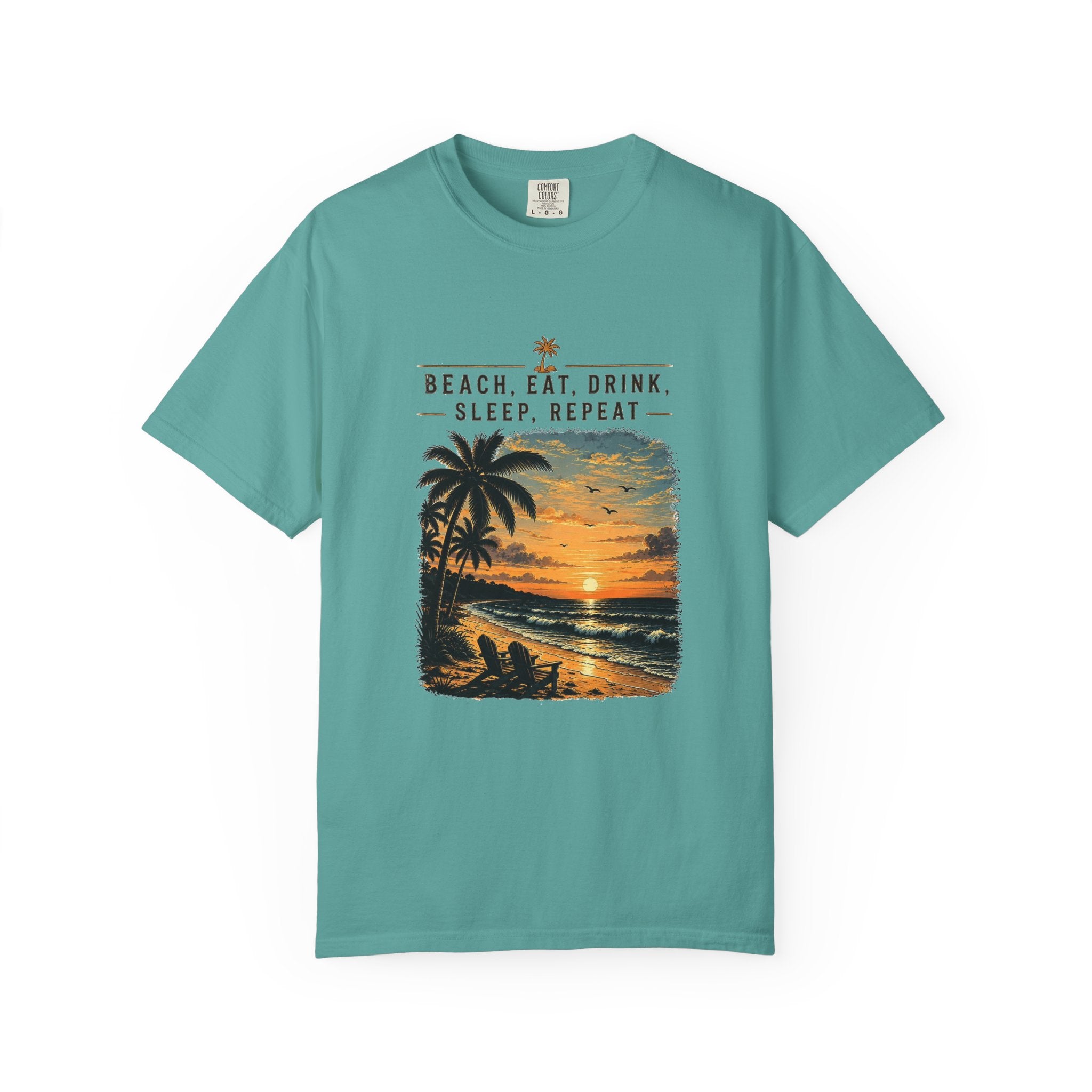 Beach Sunset T-Shirt — "Beach. Eat. Drink. Sleep. Repeat." Vintage Palm Tee