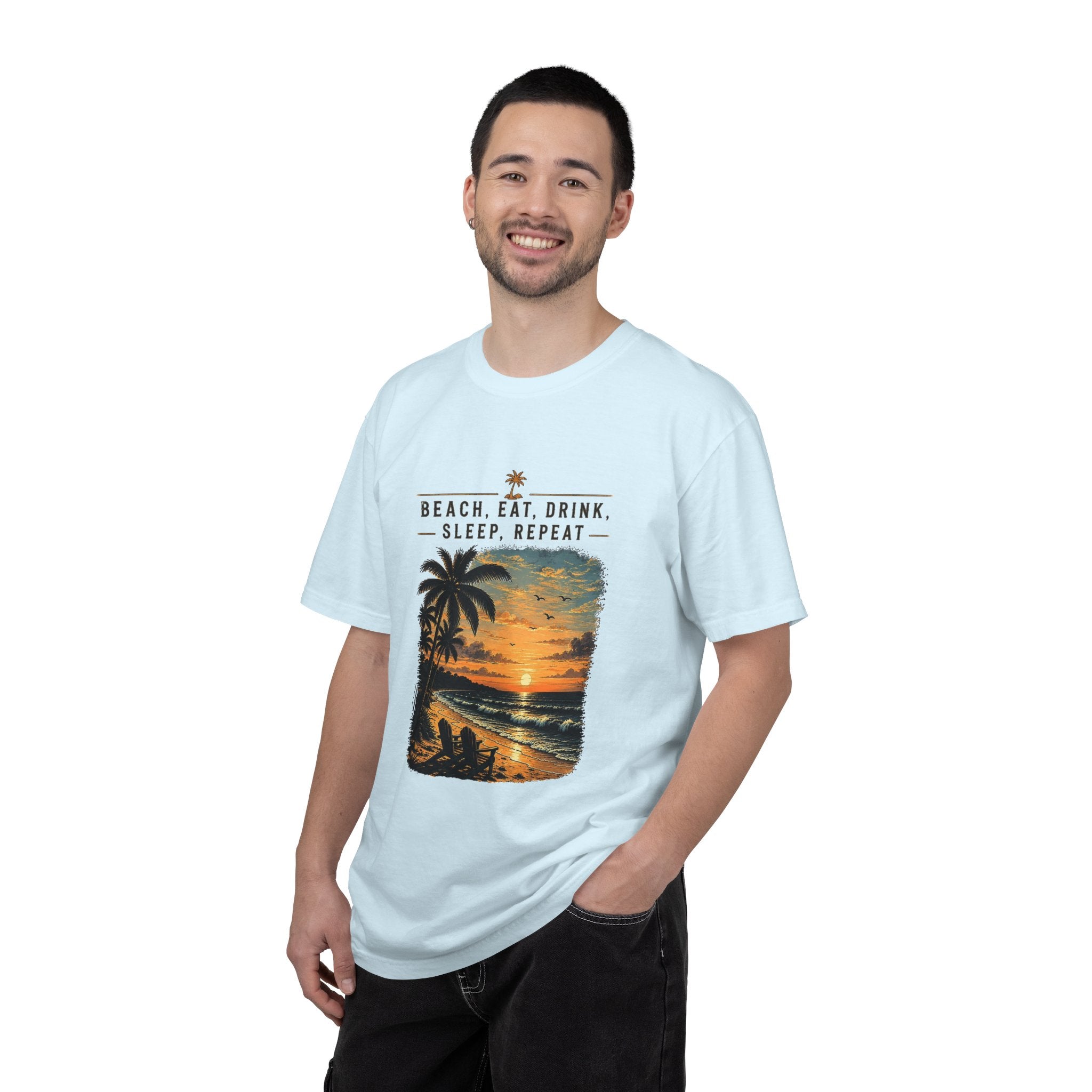 Beach Sunset T-Shirt — "Beach. Eat. Drink. Sleep. Repeat." Vintage Palm Tee