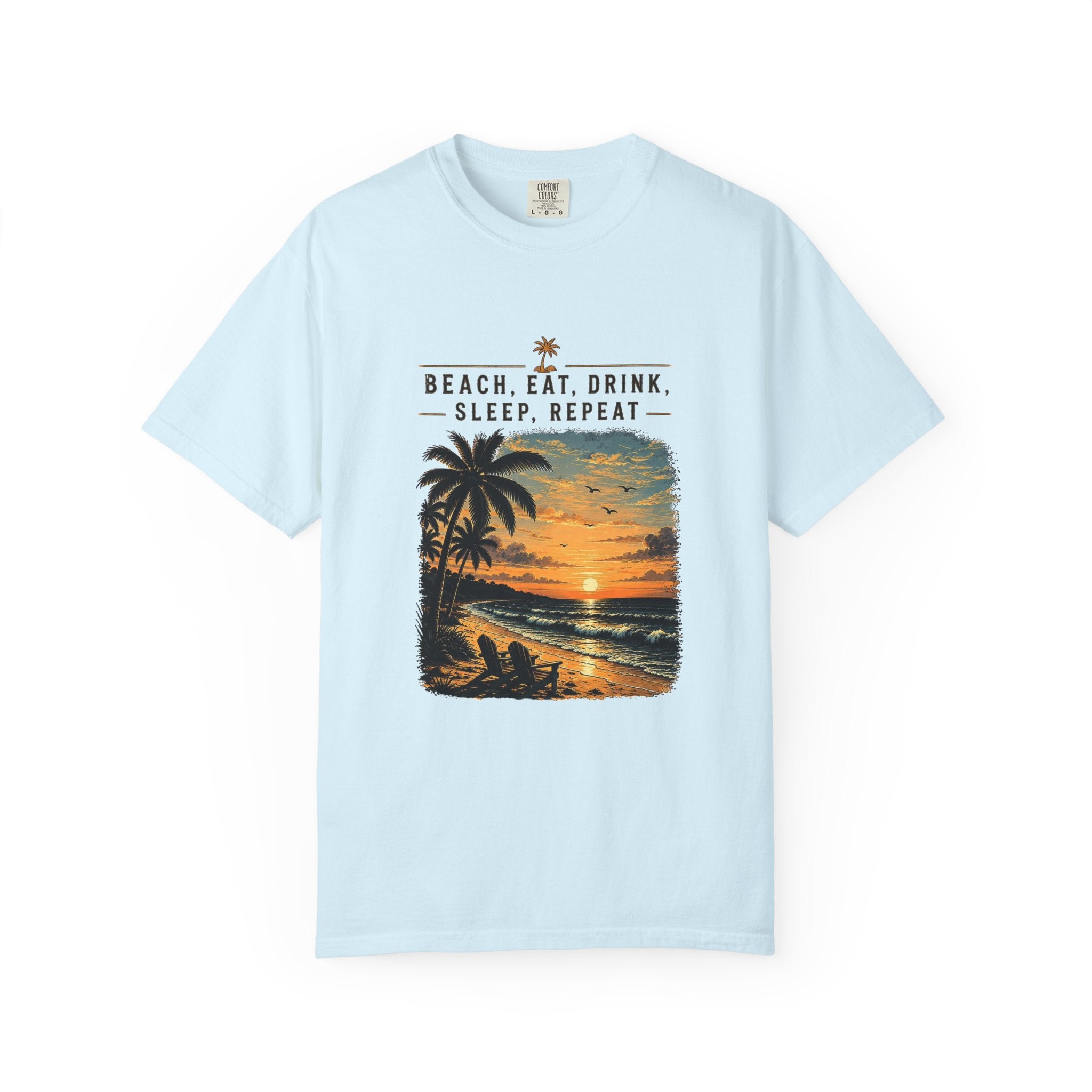 Beach Sunset T-Shirt — "Beach. Eat. Drink. Sleep. Repeat." Vintage Palm Tee