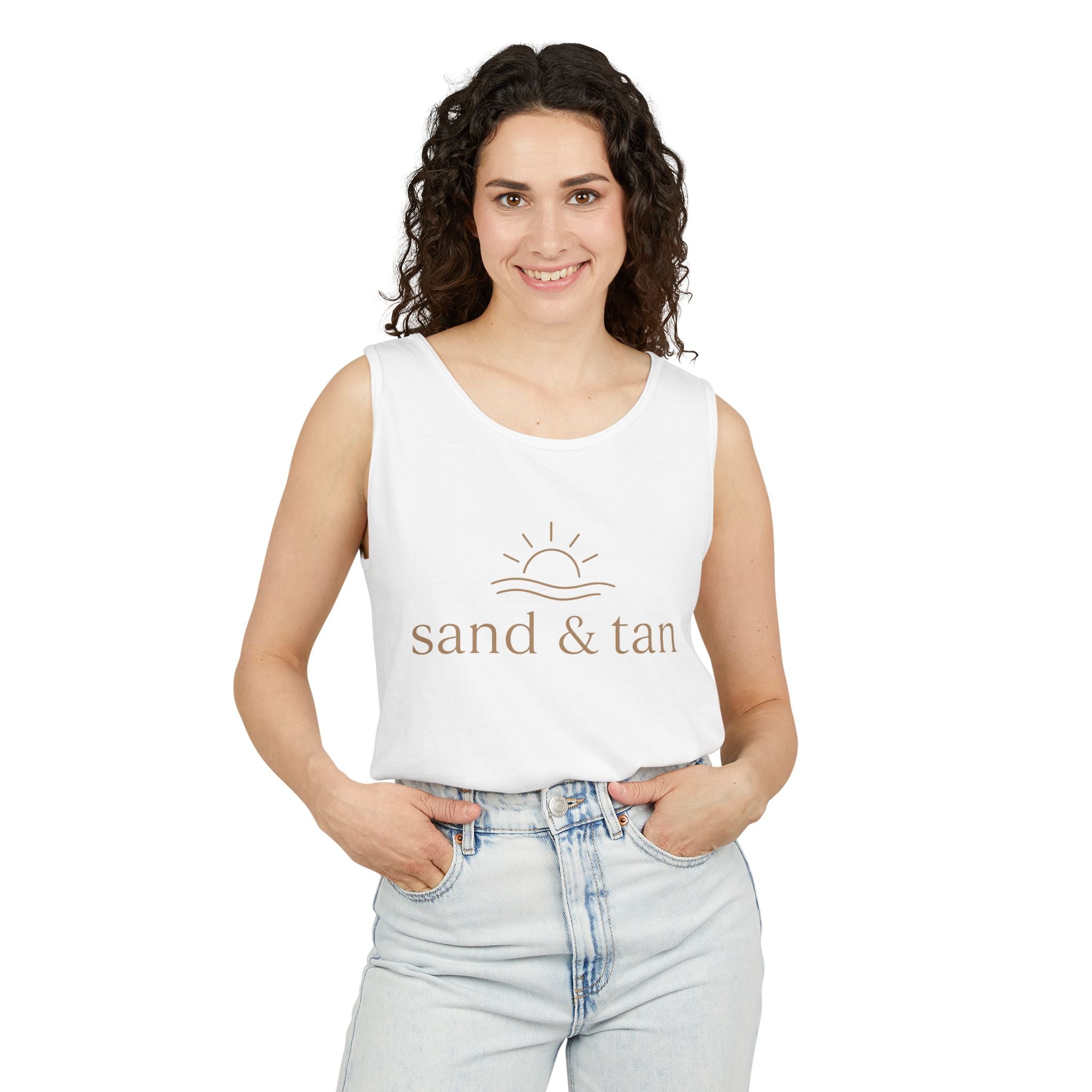 Sand & Tan Beach Tank Top — Minimal Sunrise Graphic