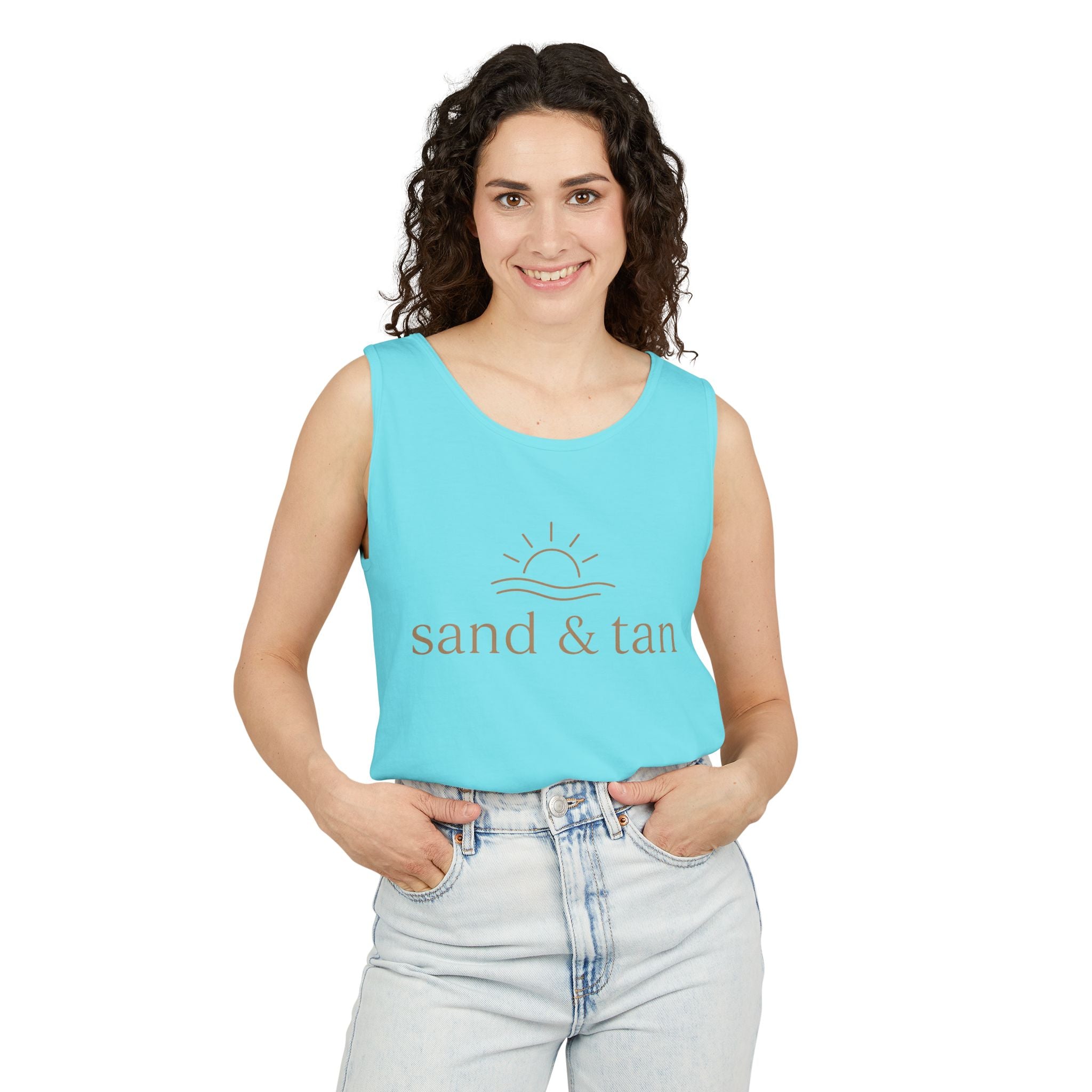 Sand & Tan Beach Tank Top — Minimal Sunrise Graphic