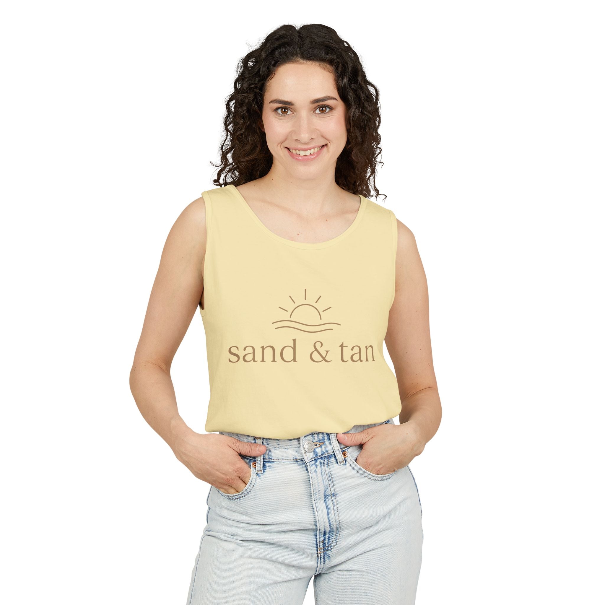 Sand & Tan Beach Tank Top — Minimal Sunrise Graphic