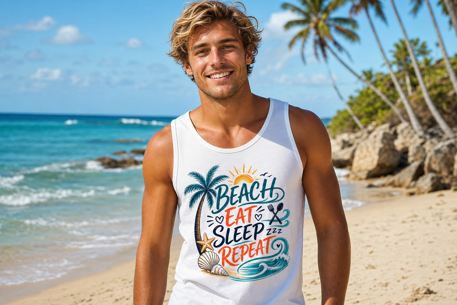 Beach  Eat Drink Sleep Repeat Tank Top — Tropical Vacation Summer Tank