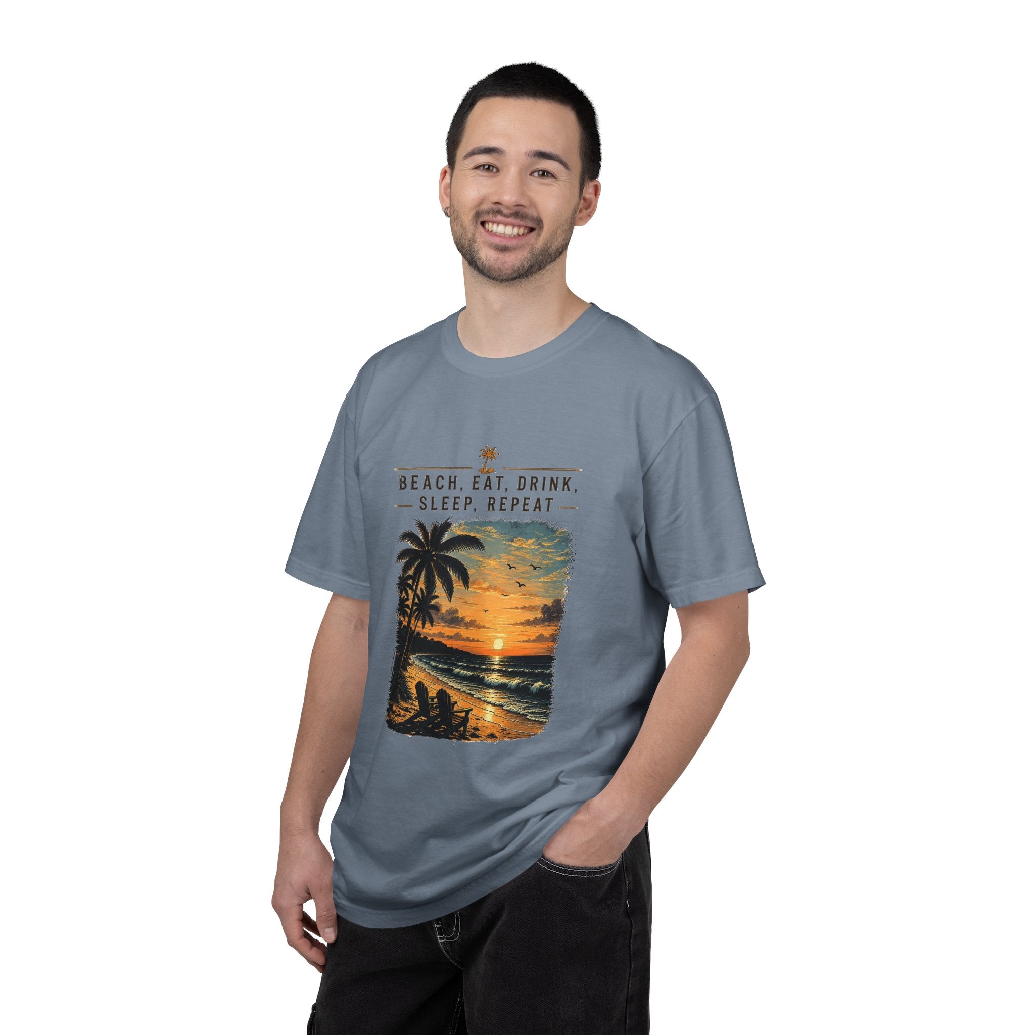 Beach Sunset T-Shirt — "Beach. Eat. Drink. Sleep. Repeat." Vintage Palm Tee
