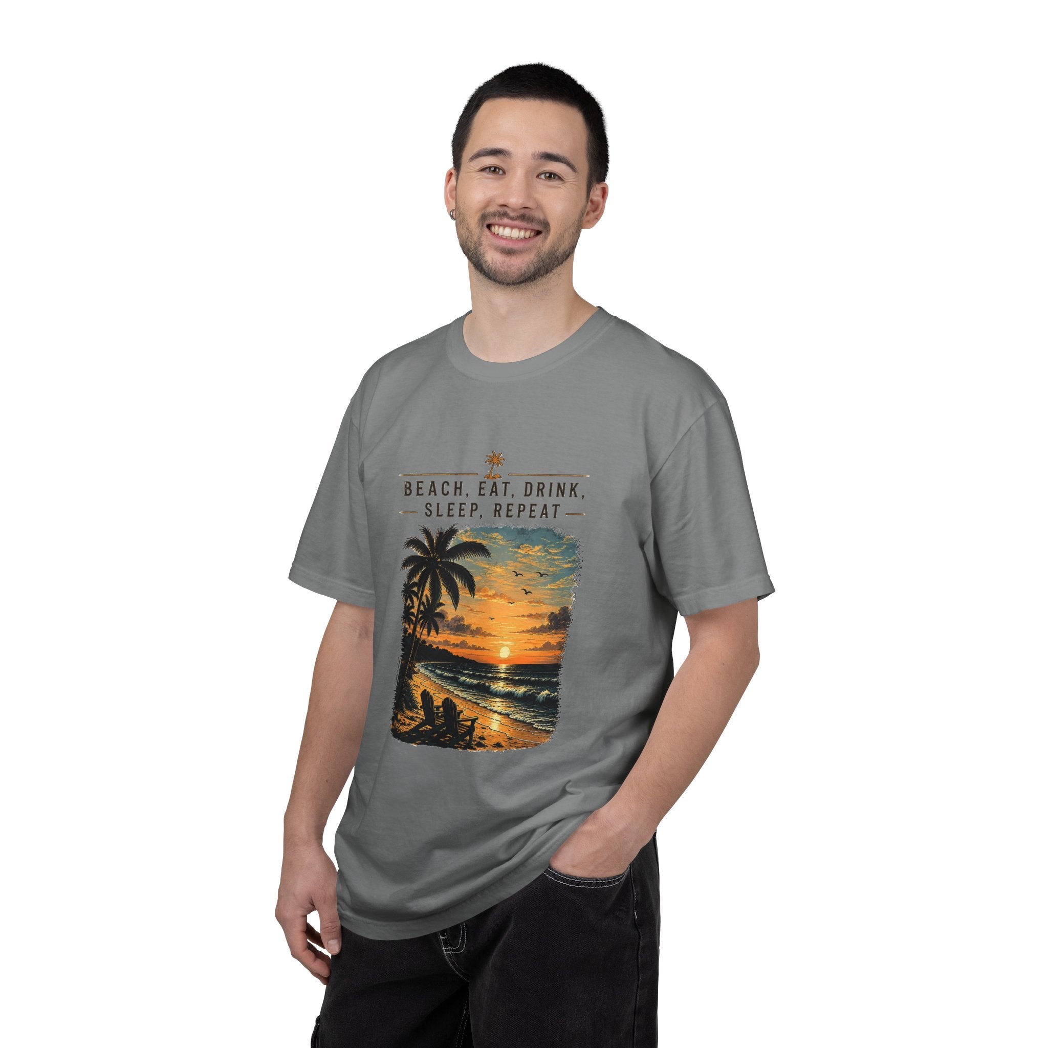 Beach Sunset T-Shirt — "Beach. Eat. Drink. Sleep. Repeat." Vintage Palm Tee