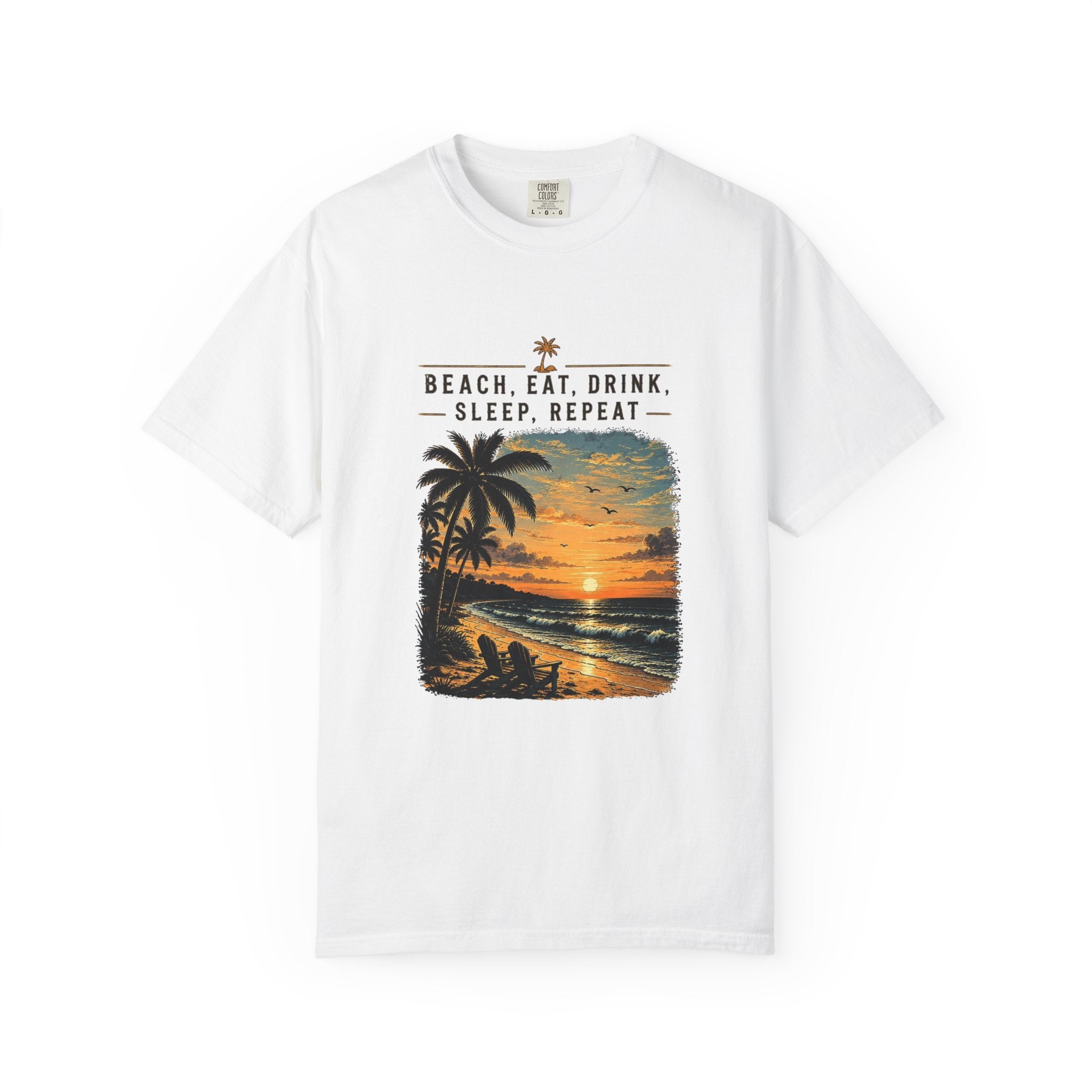 Beach Sunset T-Shirt — "Beach. Eat. Drink. Sleep. Repeat." Vintage Palm Tee