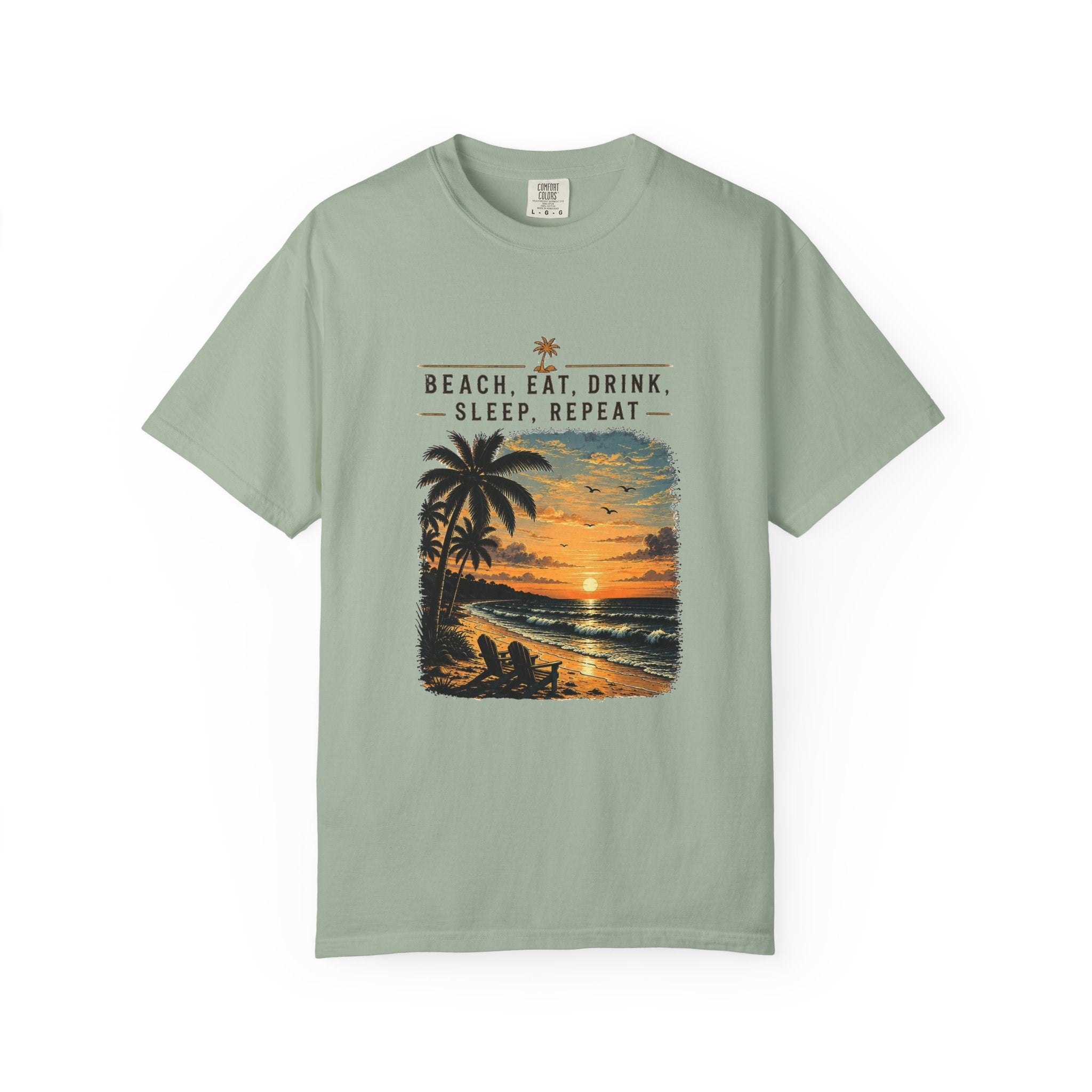 Beach Sunset T-Shirt — "Beach. Eat. Drink. Sleep. Repeat." Vintage Palm Tee