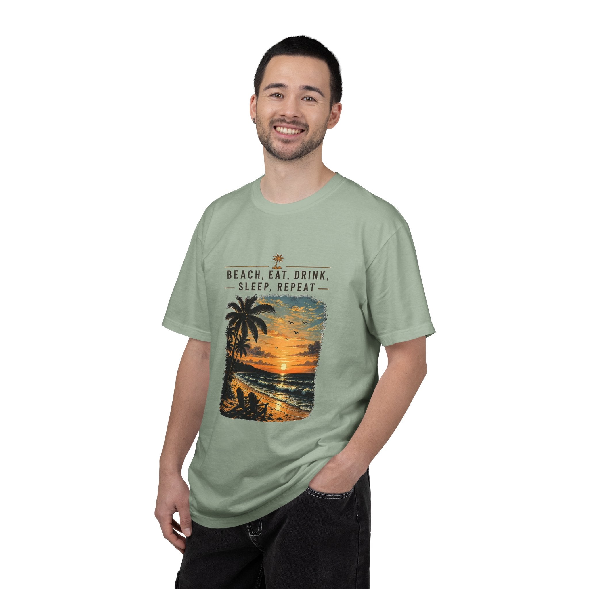 Beach Sunset T-Shirt — "Beach. Eat. Drink. Sleep. Repeat." Vintage Palm Tee