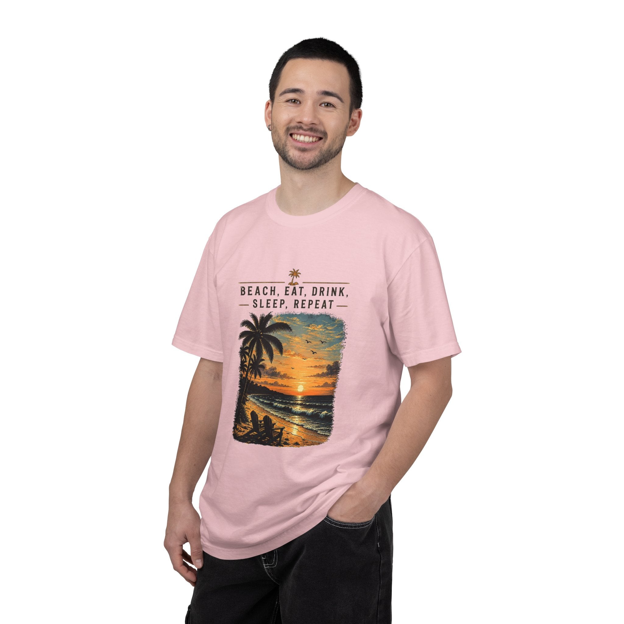 Beach Sunset T-Shirt — "Beach. Eat. Drink. Sleep. Repeat." Vintage Palm Tee