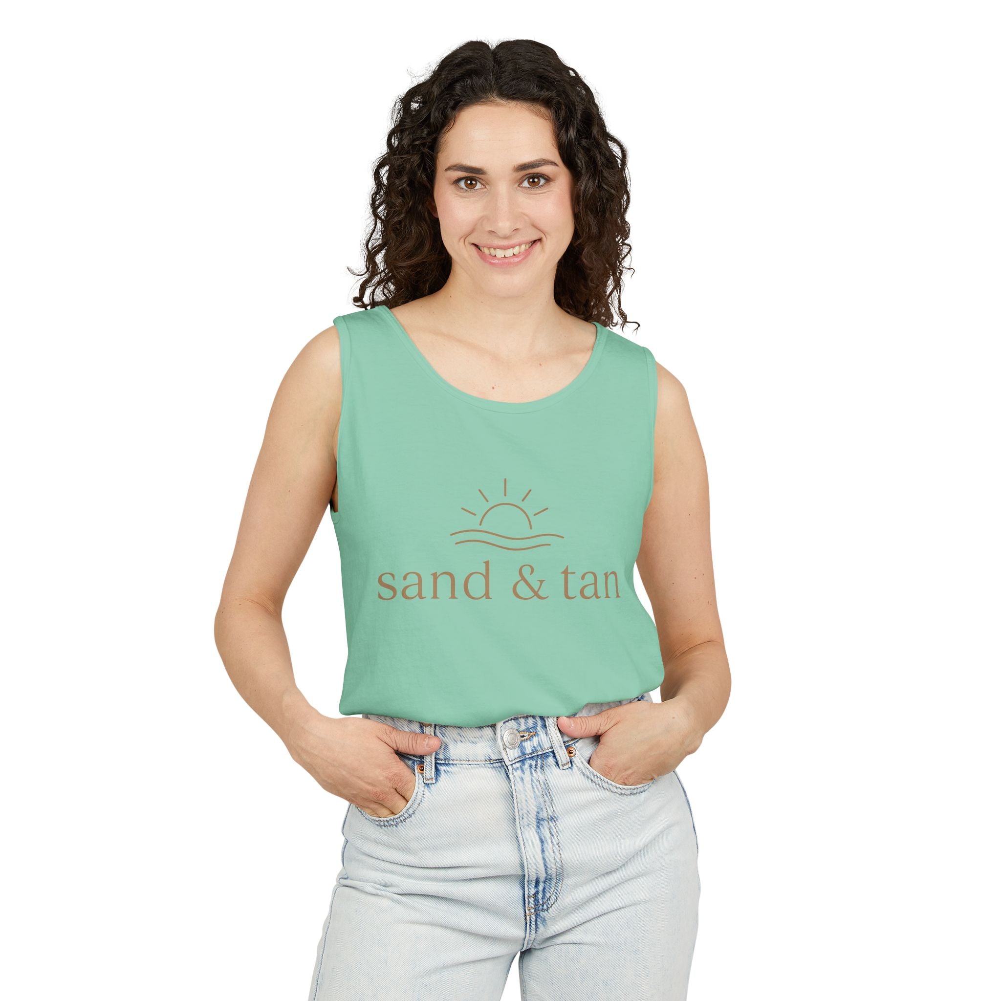 Sand & Tan Beach Tank Top — Minimal Sunrise Graphic