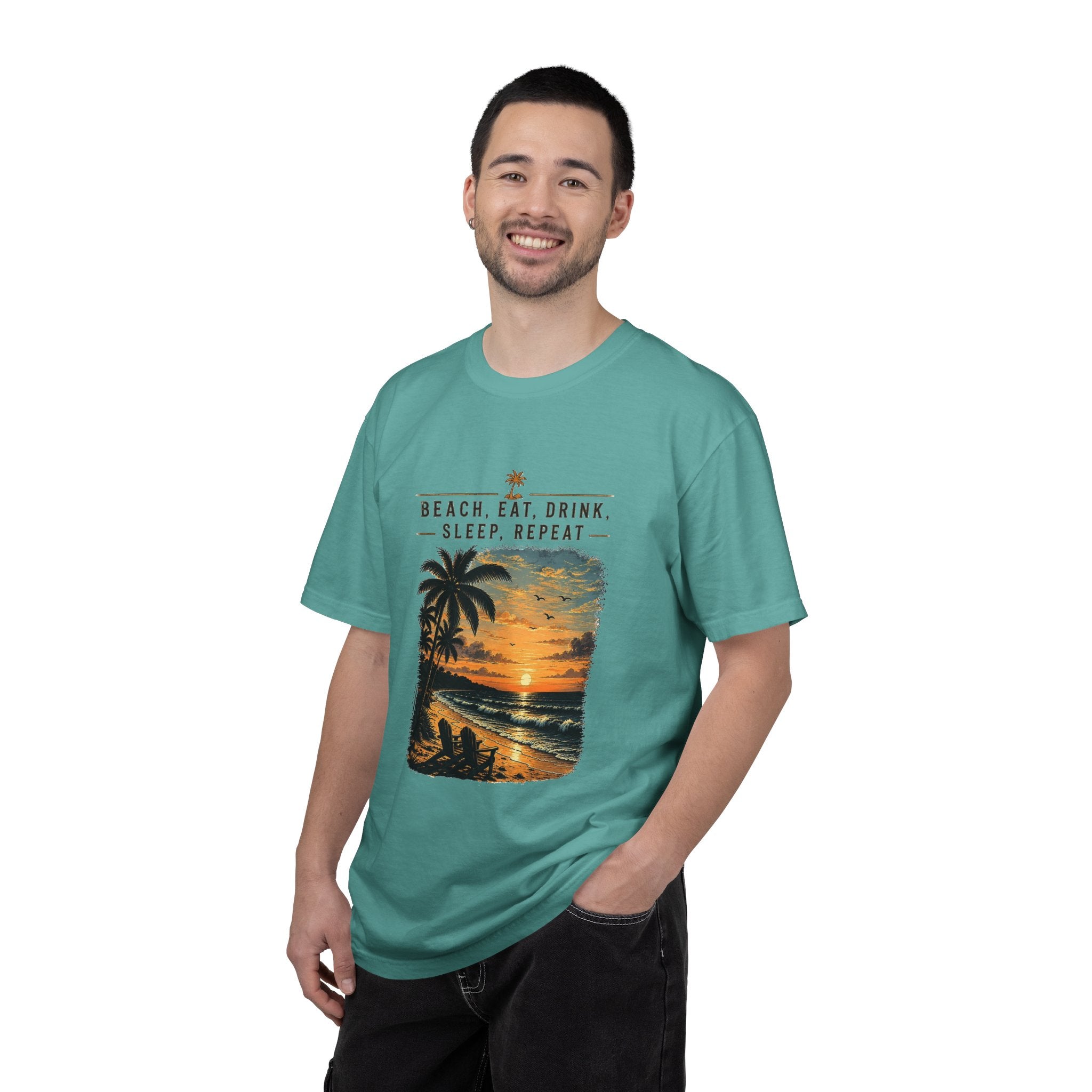 Beach Sunset T-Shirt — "Beach. Eat. Drink. Sleep. Repeat." Vintage Palm Tee