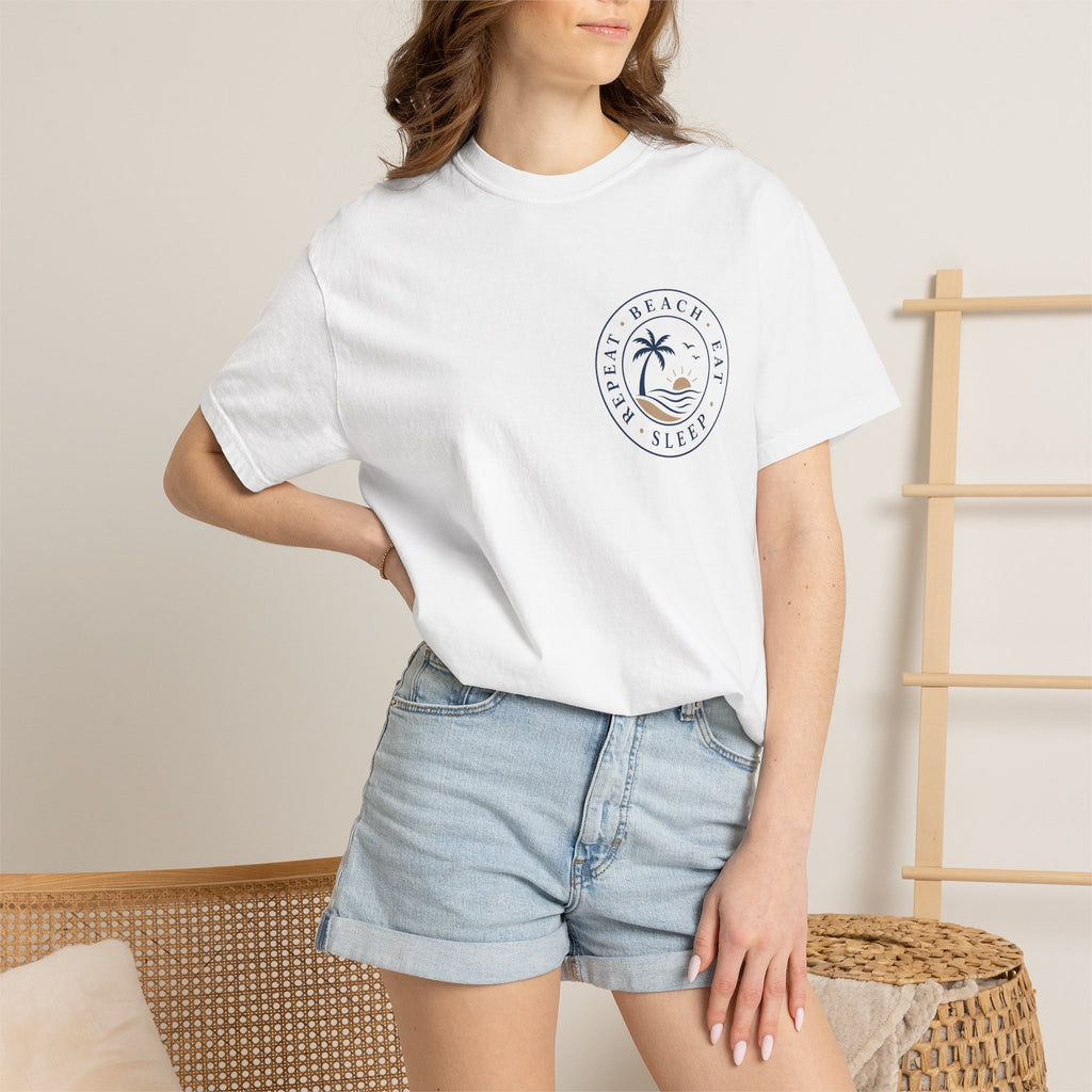 Beach Vibes T-Shirt — "Beach, Eat, Sleep, Repeat" Palm Graphic