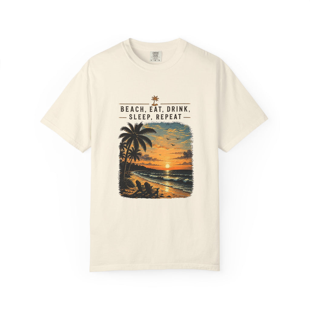 Beach Sunset T-Shirt — "Beach. Eat. Drink. Sleep. Repeat." Vintage Palm Tee