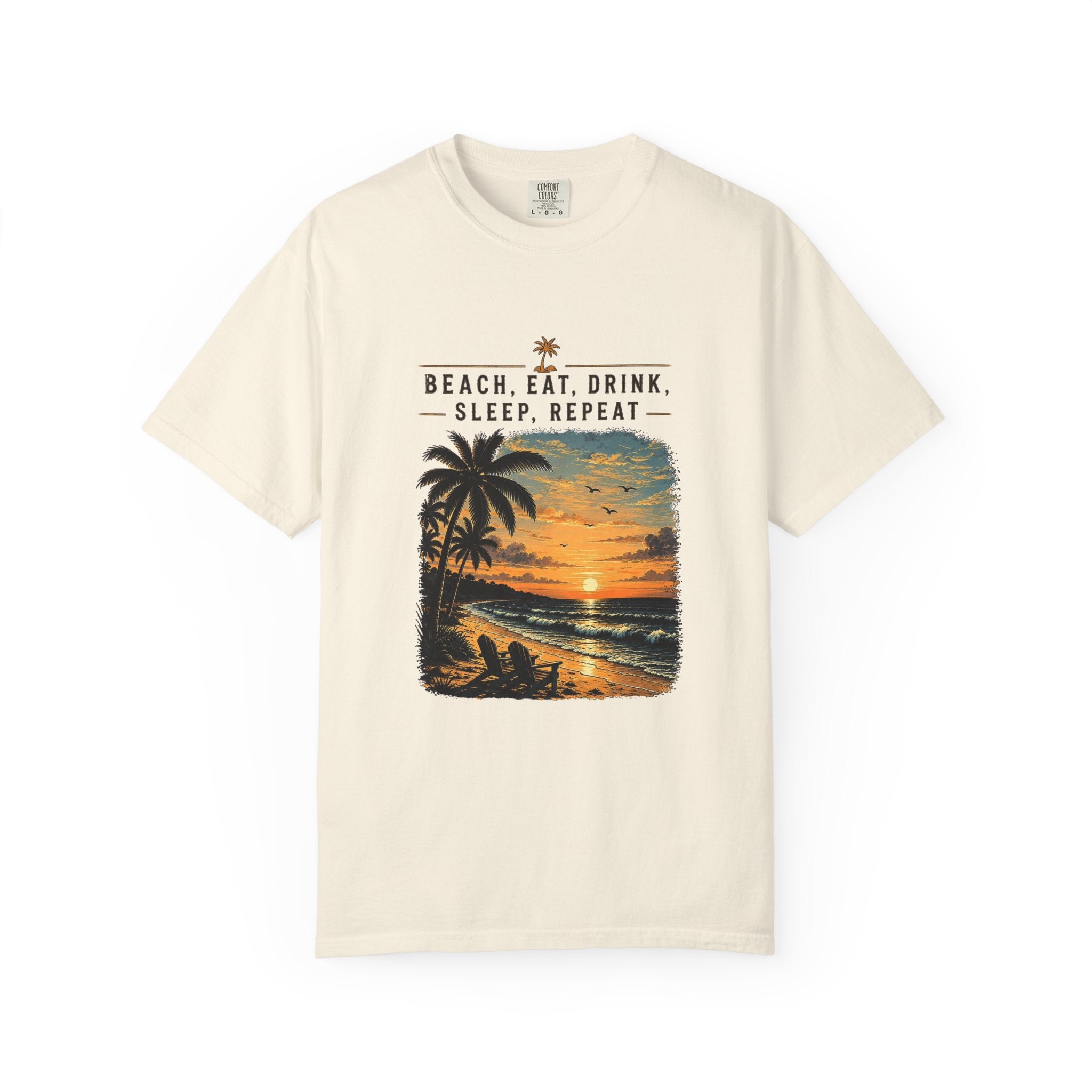 Beach Sunset T-Shirt — "Beach. Eat. Drink. Sleep. Repeat." Vintage Palm Tee
